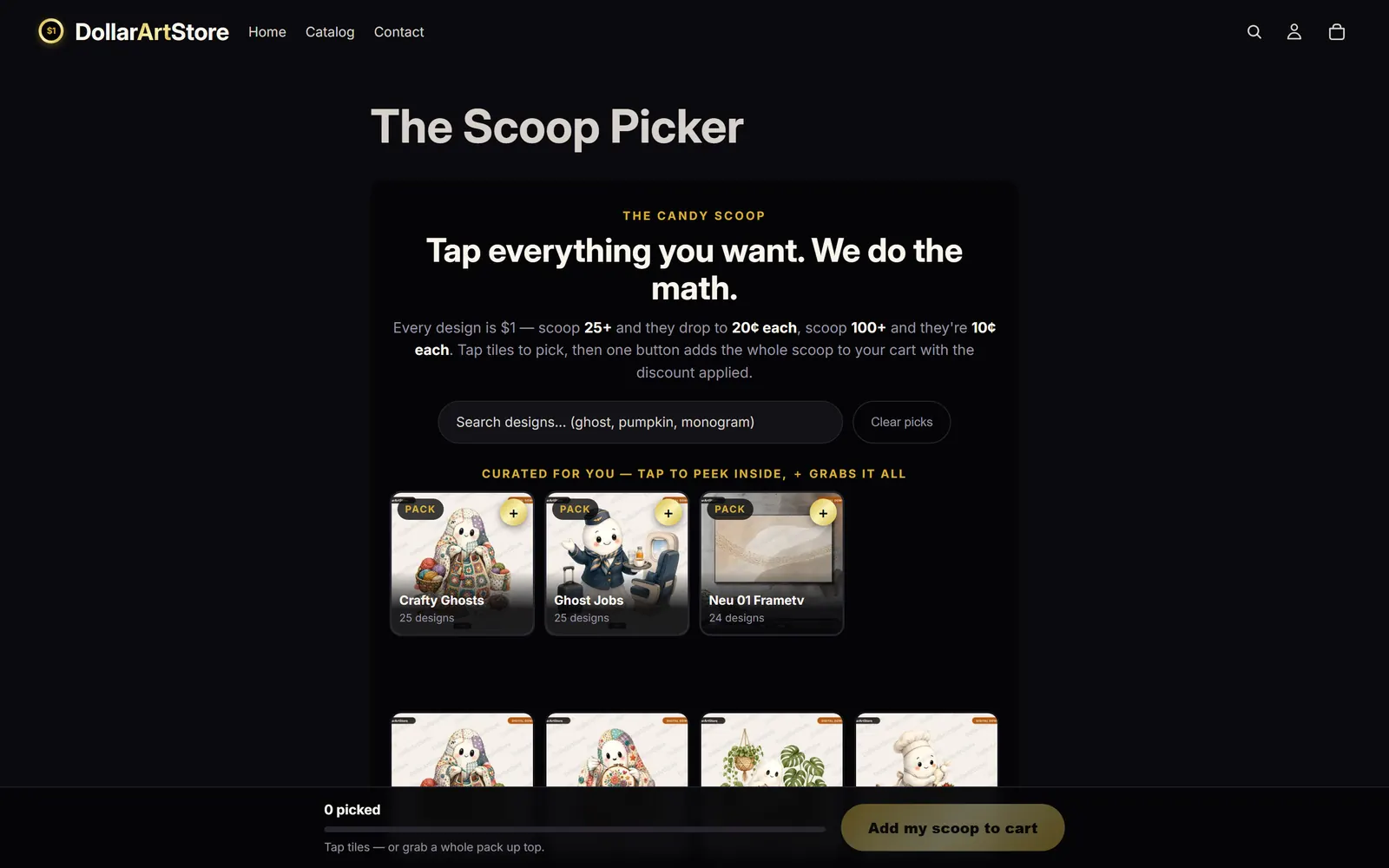 The DollarArtStore Scoop Picker page with curated packs above a wall of $1 designs