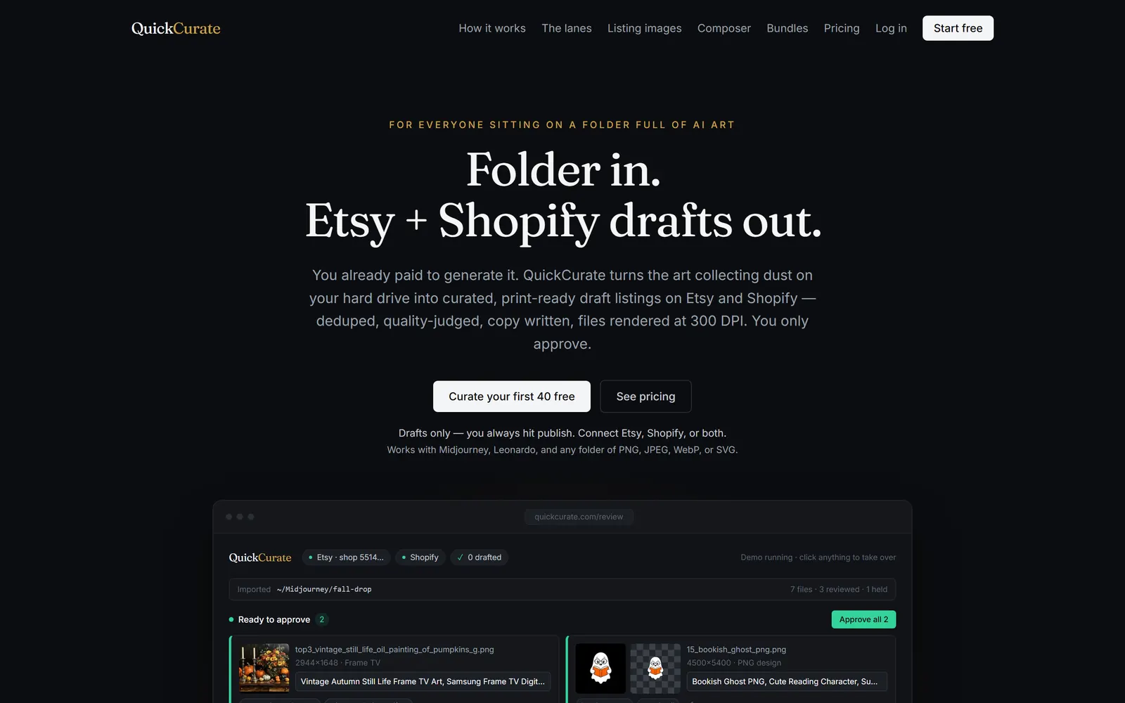 QuickCurate homepage: Folder in. Etsy and Shopify drafts out.